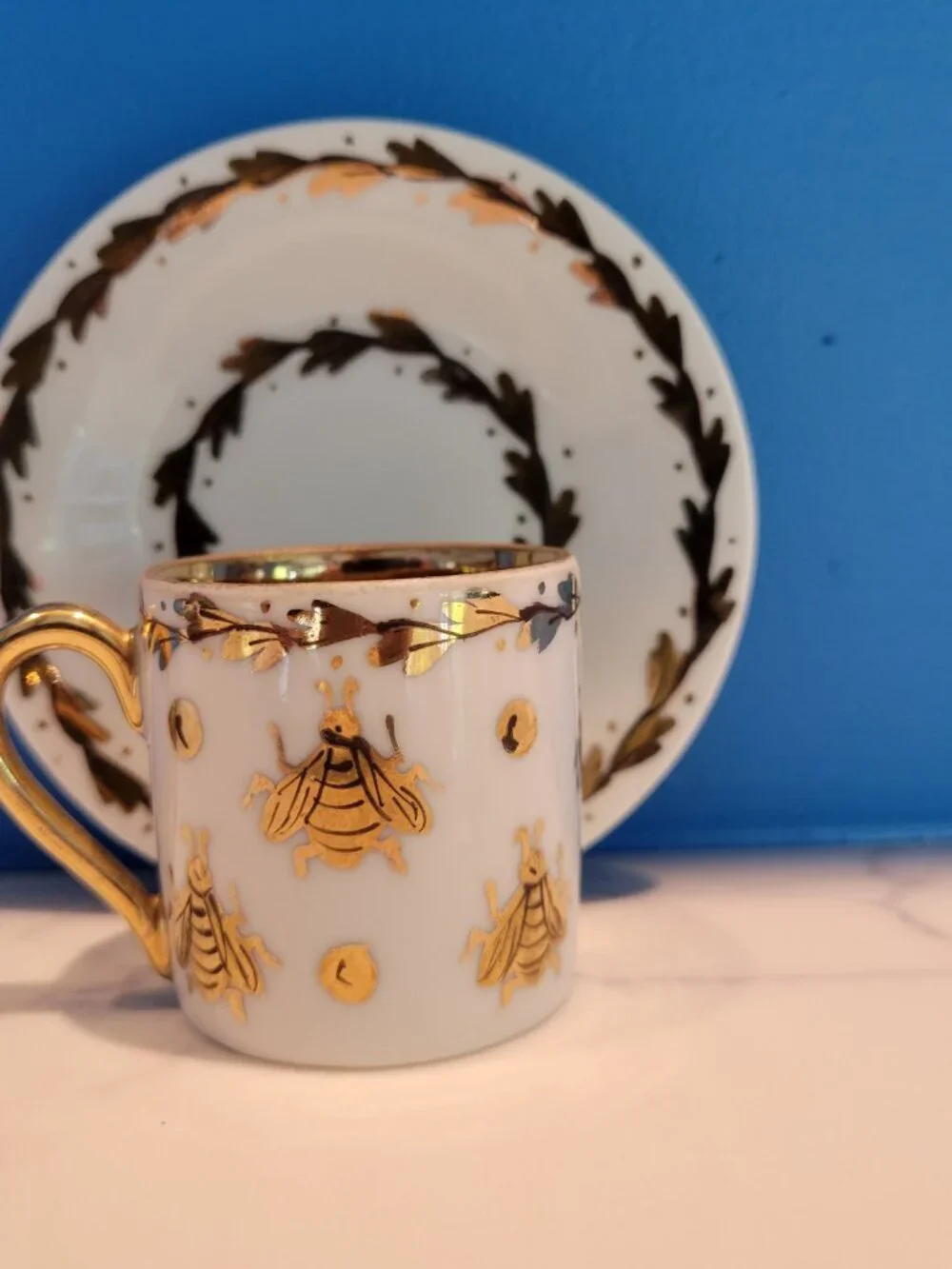 Vintage Limoges France Napoleonic Bee Demitasse Espresso Cup & Saucer Set Gold